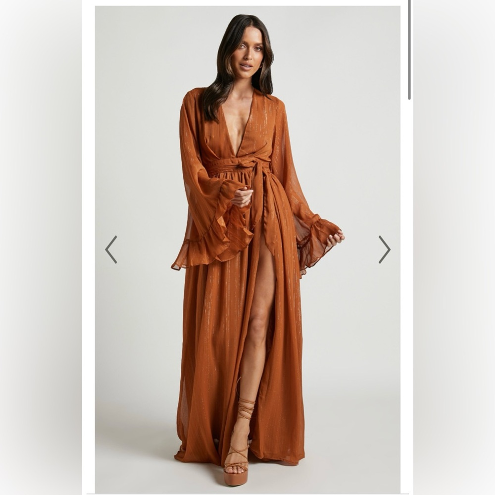 SHOWPO DANGEROUS WOMAN MAXI DRESS - PLUNGE THIGH SPLIT DRESS IN RUST NWT